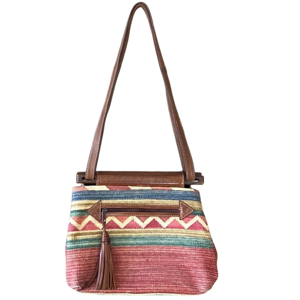 Vintage Boho Southwestern Textile Purse with Leather Trim Convertible Strap